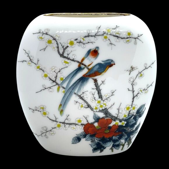 Vtg 1960s JAY Fine China Exotic Birds & Cherry Blossom Oval Porcelain Vase–Japan - Picture 2 of 15